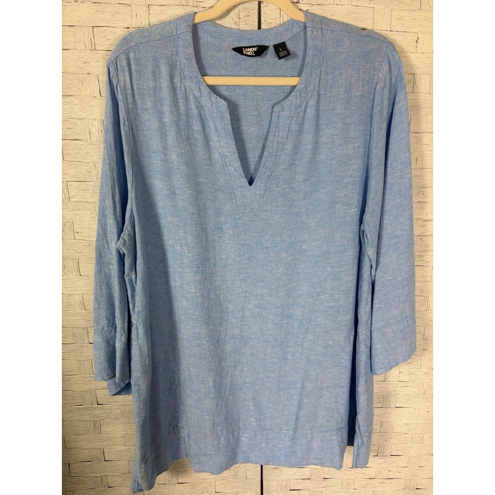 Lands End Womens Tunic Linen Viscose Split Neck 3/4 Sleeve Pockets coastal